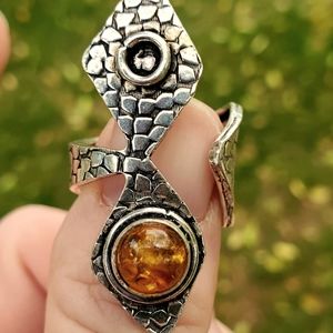 New Unique Amber Open Cuff Silver Ring.